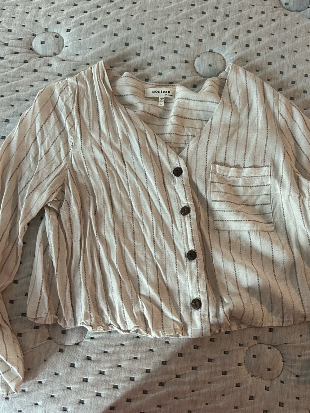 Monteau Cream Striped Button-Front Semi Crop Top with Brown Stripes